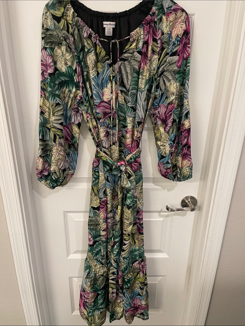 Tommy Bahama Black Tropical Floral Tie-Front Top with Pink & Lime